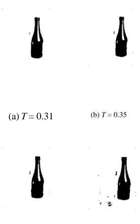 Gambar 8. Hasil pengambangan citra botol dengan bermacam-macam nilai T