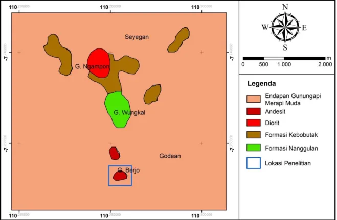 Gambar  1.  Peta  geologi  lembar  Yogyakarta  serta  plot  daerah  penelitian  (kotak  biru)