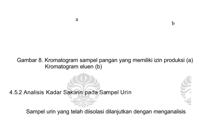 Gambar 8. Kromatogram sampel pangan yang memiliki izin produksi (a) Kromatogram eluen (b)