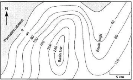 Gambar 2.Contoh   dari   peta   isopach   dari   suatu   formasi   hipotetikal   yang   digambar menggunakan interval kontur 40 m