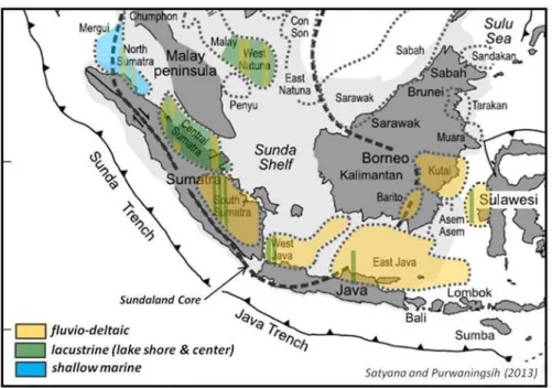 Gambar 4.Peta   fasies   batuan   induk   cekungan-cekungan   Sundaland   yang   berdasarkan biomarker (Satyana &amp; Purwaningsih, 2013)