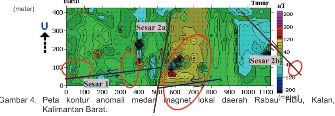 Gambar 4.  Peta  kontur  anomali  medan  magnet  lokal  daerah  Rabau  Hulu,  Kalan,  (meter) 