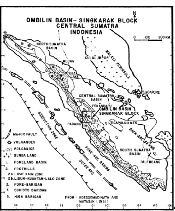 Gambar 2.3 Lokasi Blok South West Bukit Barisan pada Patahan Sumatera  (Koesoemadinata dan Matasak, 1981) 