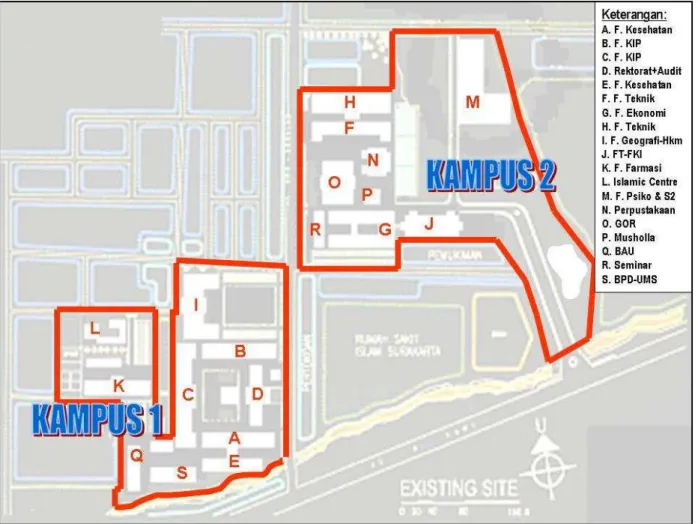 Gambar 1. Peta Kampus I-II UMS dan Posisi Lokasi Gedung A-J dalam   Penelitian Penerapan Arsitektur Islami 