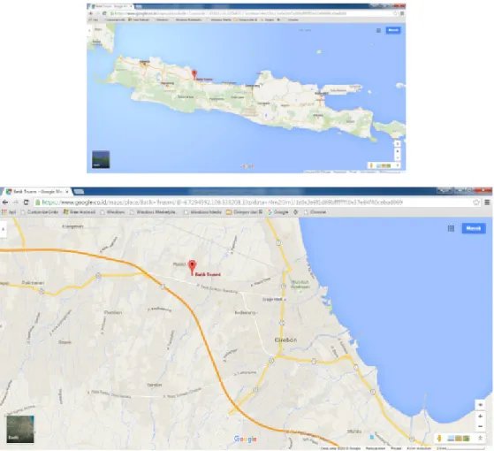 Gambar 1: Peta lokasi Kampung Trusmi di P. Jawa (atas) dan di wilayah Cirebon (bawah) 