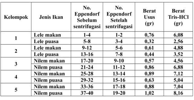 Tabel 3.1.1 Berat Usus Ikan yang dipuasakan dan Tidak dipuasakan