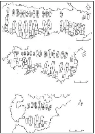 Gambar 5.  Tata-letak desa adat Palawa (atas), Ketekesu' (tengah) dan Siguntu (bawah).