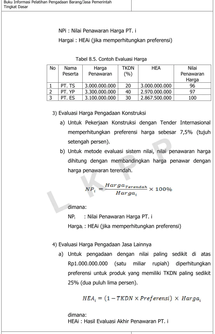 Tabel 8.5. Contoh Evaluasi Harga  No  Nama  Peserta  Harga  Penawaran  TKDN (%)  HEA  Nilai  Penawaran  Harga  1  PT