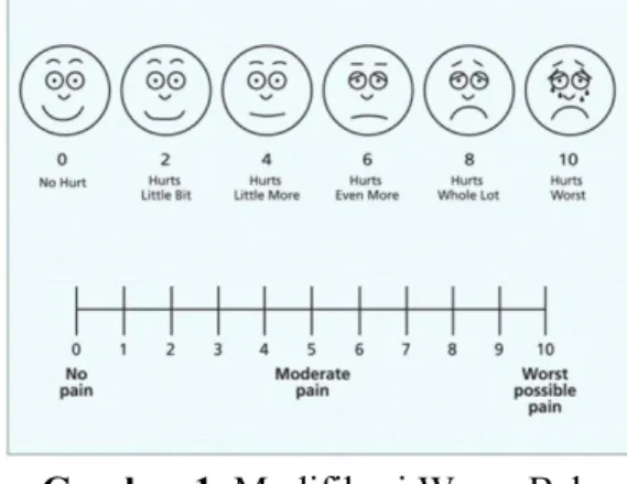 Gambar 1. Modifikasi Wong-Baker  Faces Pain Rating Scale (WBFS) 8  Skala  nyeri  WBFS merupakan  metode  penilaian  nyeri  menggunakan  gambar  wajah  dengan  berbagai  ekspresi  nyeri  dan  pasien  diminta  untuk  menunjuk  gambar  yang  menggambarkan  se