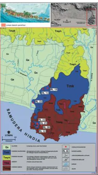 Gambar 1. Peta Geologi daerah penelitian dan lokasi pengambilan sampel. 