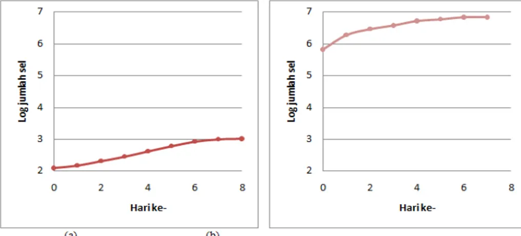 Gambar 2. Kurva pertumbuhan kepadatan sel pada (a) Spirulina sp. dan (b) Chlorella sp.