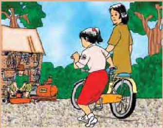 Gambar 1.2 Rini bersama ibu guru akan menambalkan ban sepeda.