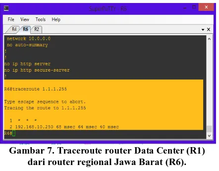 Gambar 7. Traceroute router Data Center (R1) dari router regional Jawa Barat (R6). 