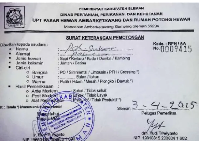 Gambar 6. Surat kesehatan pemeriksaan daging dari dinas asal Sleman. 