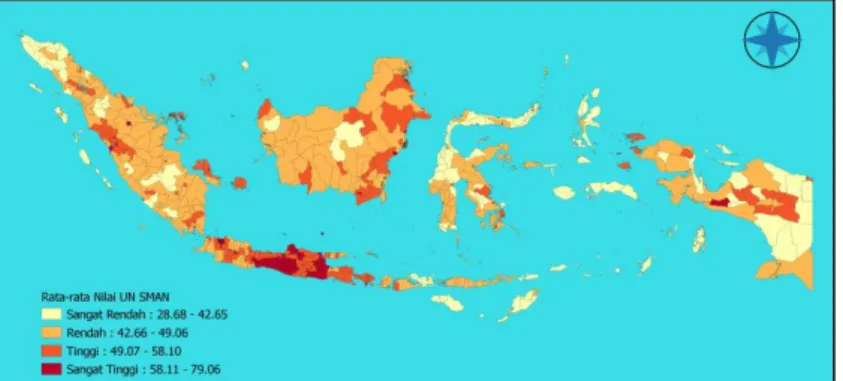 Gambar 1. Peta persebaran rata-rata nilai UN SMAN tingkat kabupaten/kota di Indonesia, Tahun 2019.