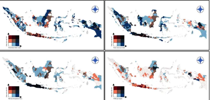 Gambar 2. Peta persebaran nilai rata-rata UN dengan: persentase ruang kelas rusak (kiri atas), rasio siswa  per  kelas  (kanan  atas),  nilai  Uji  Kompetensi  Guru  (kiri  bawah),  dan  PDRB  per  kapita  (kanan  bawah) menurut kabupaten/kota di Indonesia