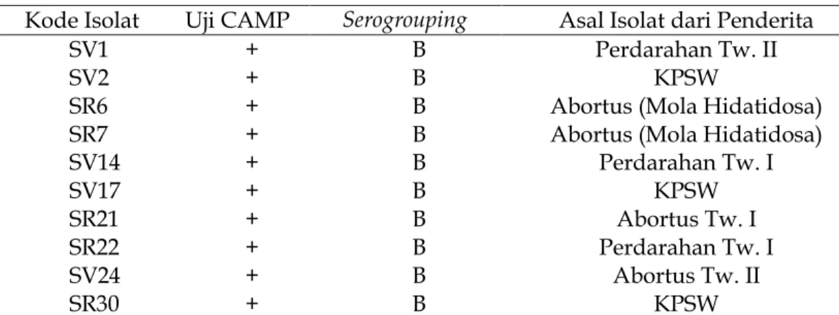 Tabel 1. Hasil isolasi dan identifikasi SGB dari penderita komplikasi obstetri  Kode Isolat  Uji CAMP  Serogrouping  Asal Isolat dari Penderita 