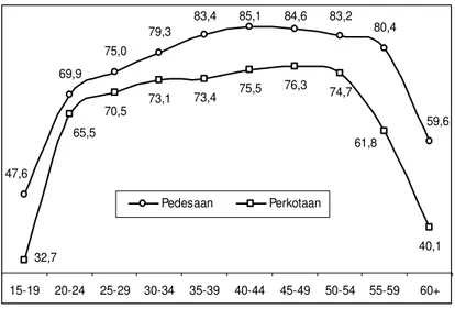 Grafik 4.1.  TPAK Menurut Kelompok Umur di Pedesaan  dan Perkotaan Indonesia, 2004 