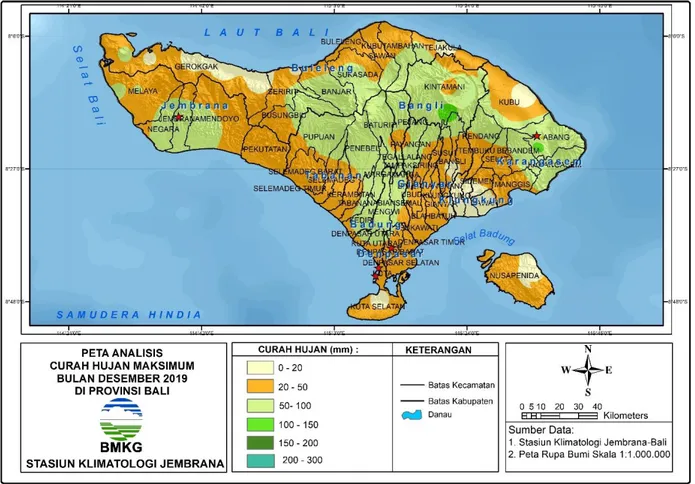 Gambar 3. Peta analisis curah hujan maksimum bulan Desember 2019 di Provinsi Bali