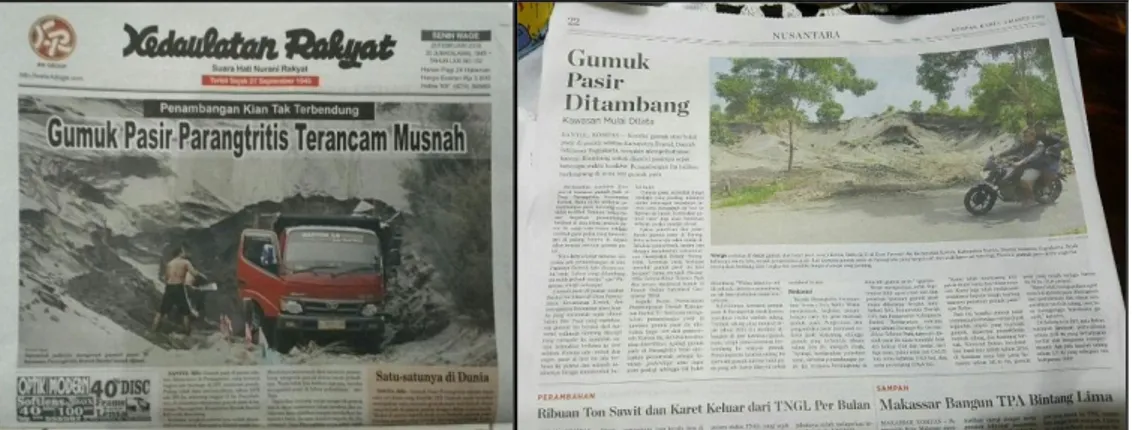 Gambar 2. Beberapa headline berita aktivitas penambangan di media cetak lokal maupun nasional  Sumber: Maulana, 2016 