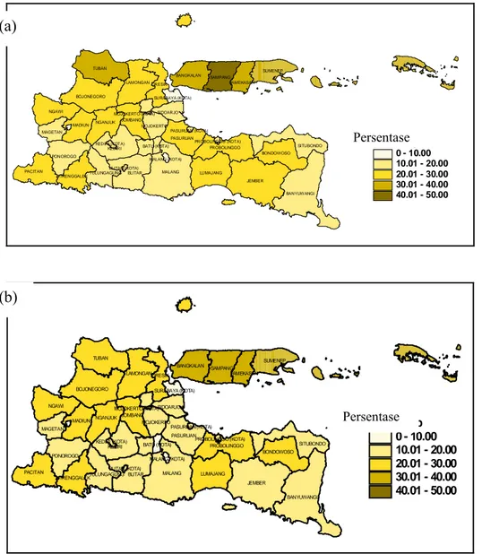 Gambar 3. Pola Persebaran Presentase Penduduk Miskin Jawa Timur (a) Tahun 2006, (b) Tahun 2007   (Sumber: Diolah dari BPS) 