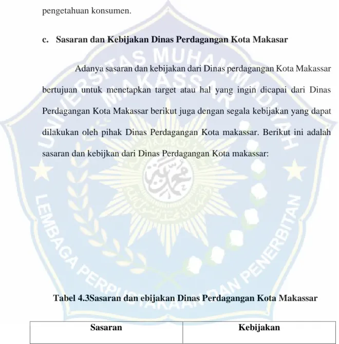 Tabel 4.3Sasaran dan ebijakan Dinas Perdagangan Kota Makassar 