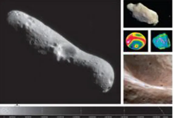 Gambar 1- 18  Dari kiri searah dengan putaran jarum jam. Asteroid  Eros  dipotret  oleh  misi  NEAR  (Near  Earth  Asteroid  Rendezvous),  Ida  dan  satelitnya  Dactyl  dipotret  oleh  misi  Galileo,  citra  radar  Galevka dan kawah besar di Vesta(warna bi