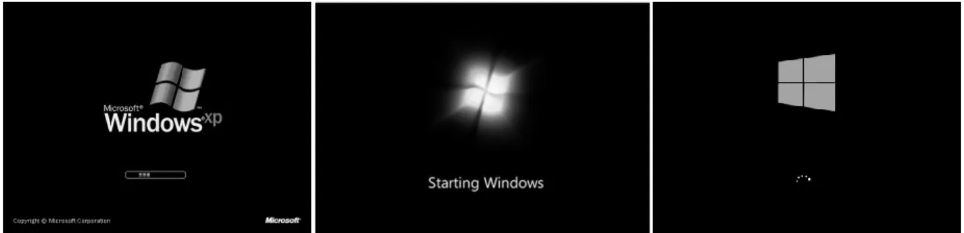 Gambar bootscreen berbagai Sistem Operasi (Windows XP, Windows 7 dan Windows 8) 