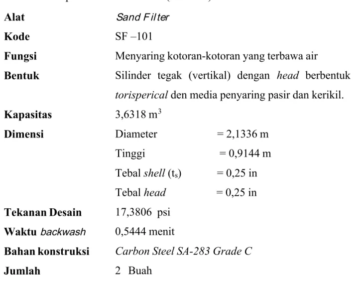 Tabel D.10.  Spesifikasi Sand Filter  (SF – 101)