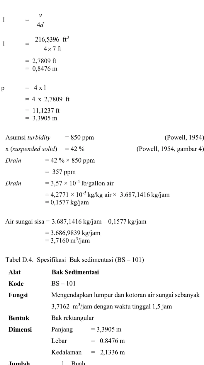 Tabel D.4.  Spesifikasi  Bak sedimentasi (BS –  101) Alat  Bak Sedimentasi