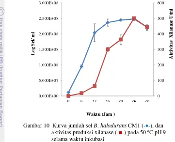 Gambar 10  Kurva jumlah sel B. halodurans CM1 (-♦-), dan 