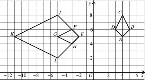 Diagram 13 shows three quadrilaterals ABCD, EFGH and EJKL drawn on a Cartesian  plane