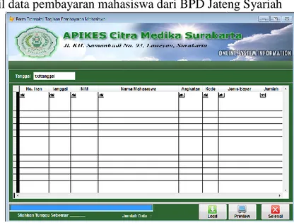 Gambar 7 Form Load Data Pembayaran Mahasiswa Dari BPD Jateng Syariah  Keterangan : 