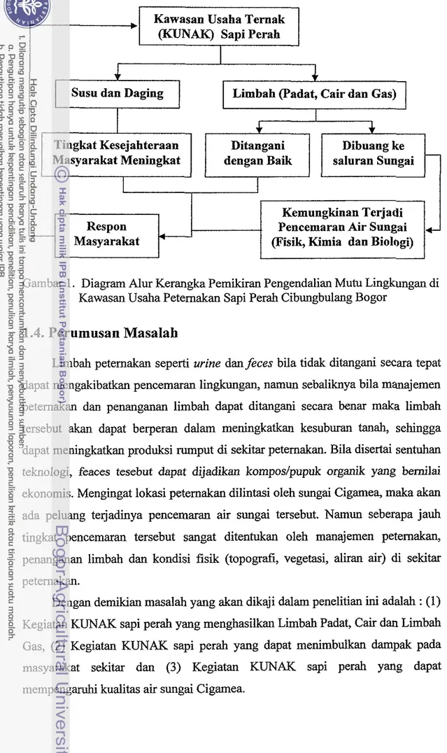 Gambar  1.  Diagram Alur Kerangka Pemikiran Pengendalian Mutu Lingkungan di  Kawasan Usaha Peternakan Sapi Perah Cibungbulang Bogor 