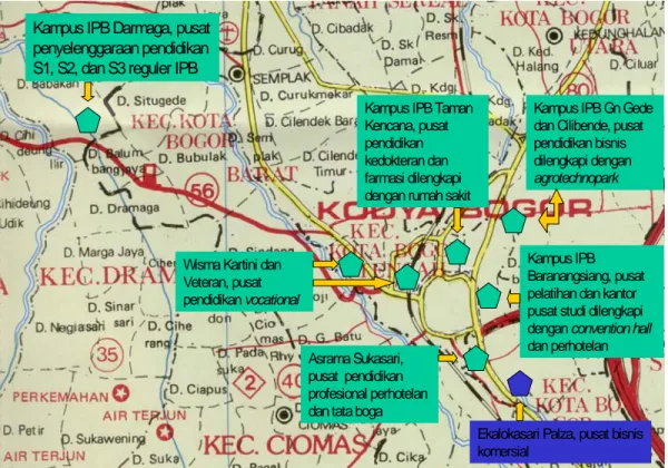Gambar 1. Penyebaran aset IPB di Kota Bogor dan peruntukannnya yang didominasi oleh  pengembangan pendidikan sehingga memberikan warna pada Kota Bogor sebagai kota  pendidikan