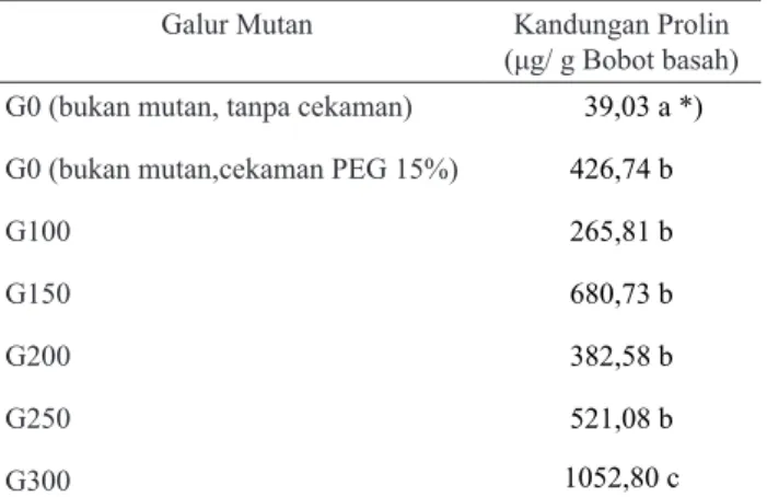 Tabel 1. Kandungan prolin  galur kacang tanah pada  cekaman larutan PEG 15% dibandingkan  dengan galur bukan mutan tanpa cekaman  dan galur bukan mutan dengan cekaman  PEG 15%