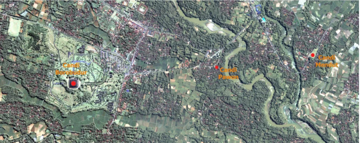 Foto udara perletakan Candi Borobudur-Pawon-Mendut