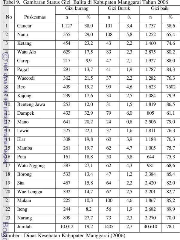 Tabel 9.  Gambaran Status Gizi  Balita di Kabupaten Manggarai Tahun 2006  No  Puskesmas 