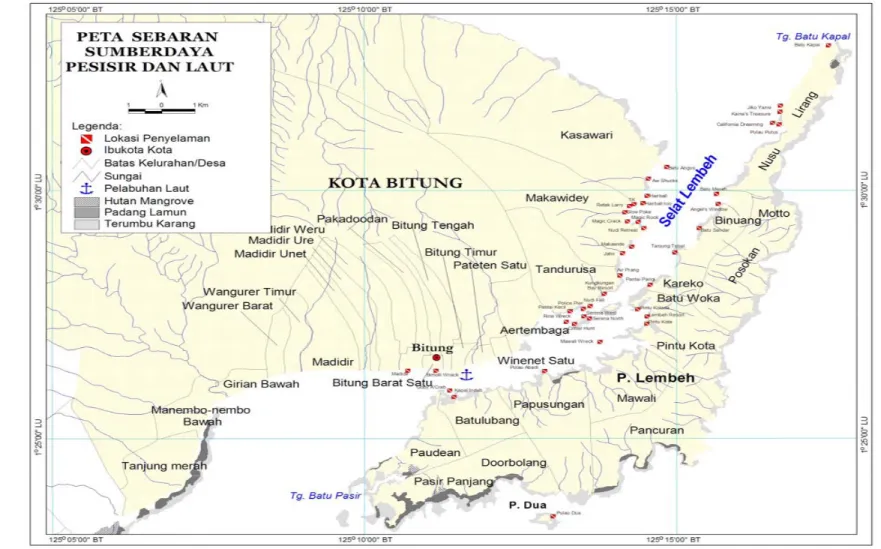 Gambar 16. Peta sebaran ekosistem pesisir dan lokasi penyelaman di Selat Lembeh (Mitra Pesisir Sulut, 2005)  
