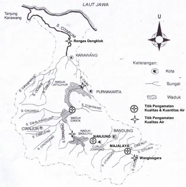 Gambar 1. Peta DAS Citarum dan Titik Pengamatan Aliran Air (Sumber: PUSAIR, 1998)