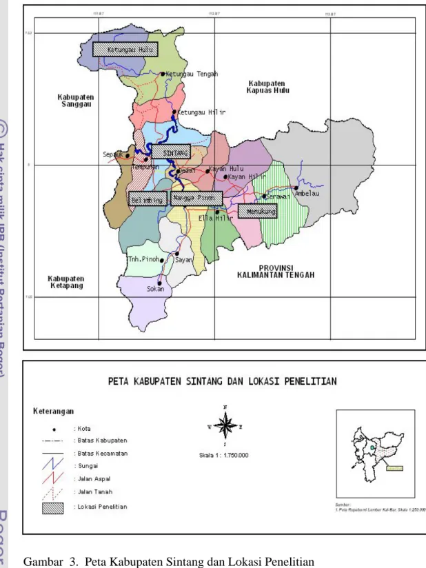 Gambar  3.  Peta Kabupaten Sintang dan Lokasi Penelitian  
