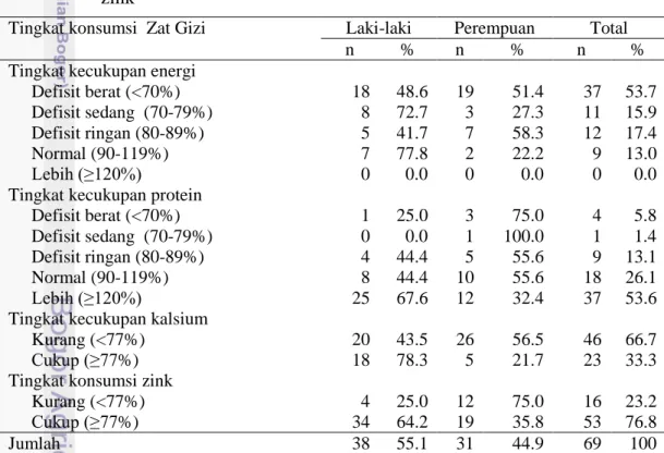 Tabel  14      Sebaran  contoh    berdasarkan  tingkat  kecukupan  protein,  kalsium  dan  zink 