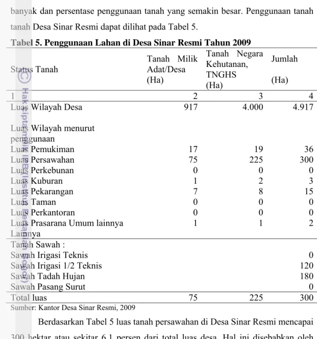 Tabel 5. Penggunaan Lahan di Desa Sinar Resmi Tahun 2009 