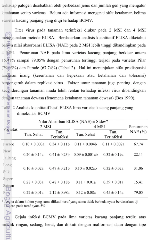 Tabel 2 Analisis kuantitatif hasil ELISA lima varietas kacang panjang yang  diinokulasi BCMV 