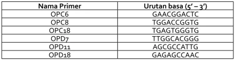 Tabel 1. Primer yang digunakan dan urutan basa primer Nama Primer Urutan basa (5’ – 3’)