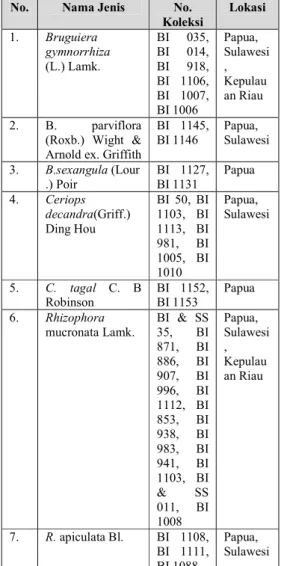 Tabel  1.  Koleksi  Jenis-jenis  dari  suku  Rhizophoraceae di Herbarium Jatinangor 