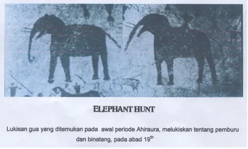 Gambar contoh di atas lukisan masa prasejarah. Di situ digambarkan 2 tokoh  gajah atau mamut, dengan komposisi belahan, yaitu belahan kiri dan kanan