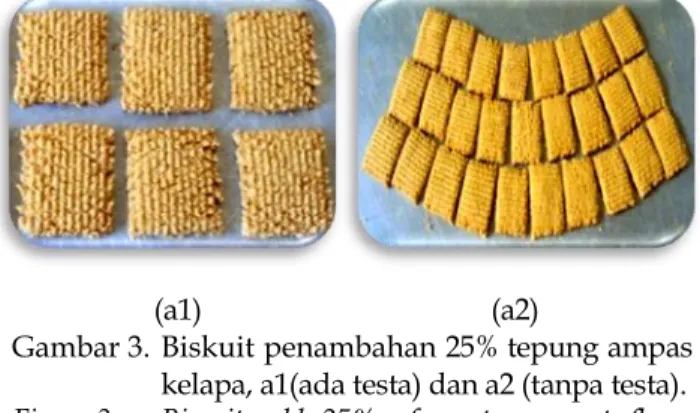 Gambar 3. Biskuit penambahan 25% tepung ampas  kelapa, a1(ada testa) dan a2 (tanpa testa)