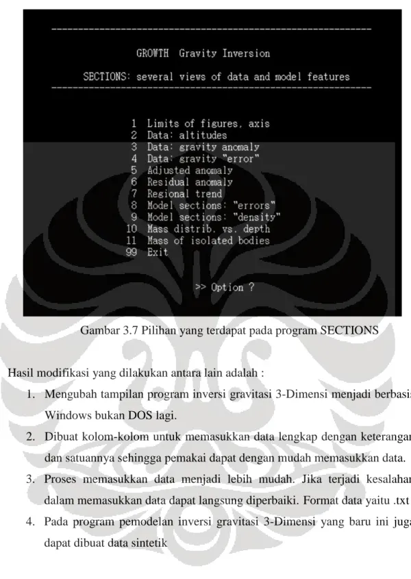 Gambar 3.7 Pilihan yang terdapat pada program SECTIONS 