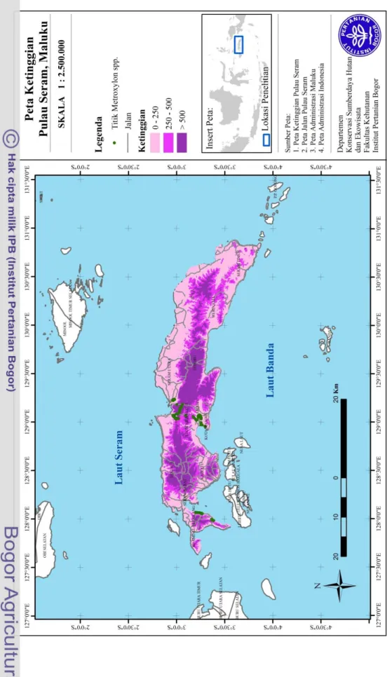 Gambar 8 Peta sebaran titik Metroxylon spp. pada berbagai ketinggian di Pulau Seram, Maluku